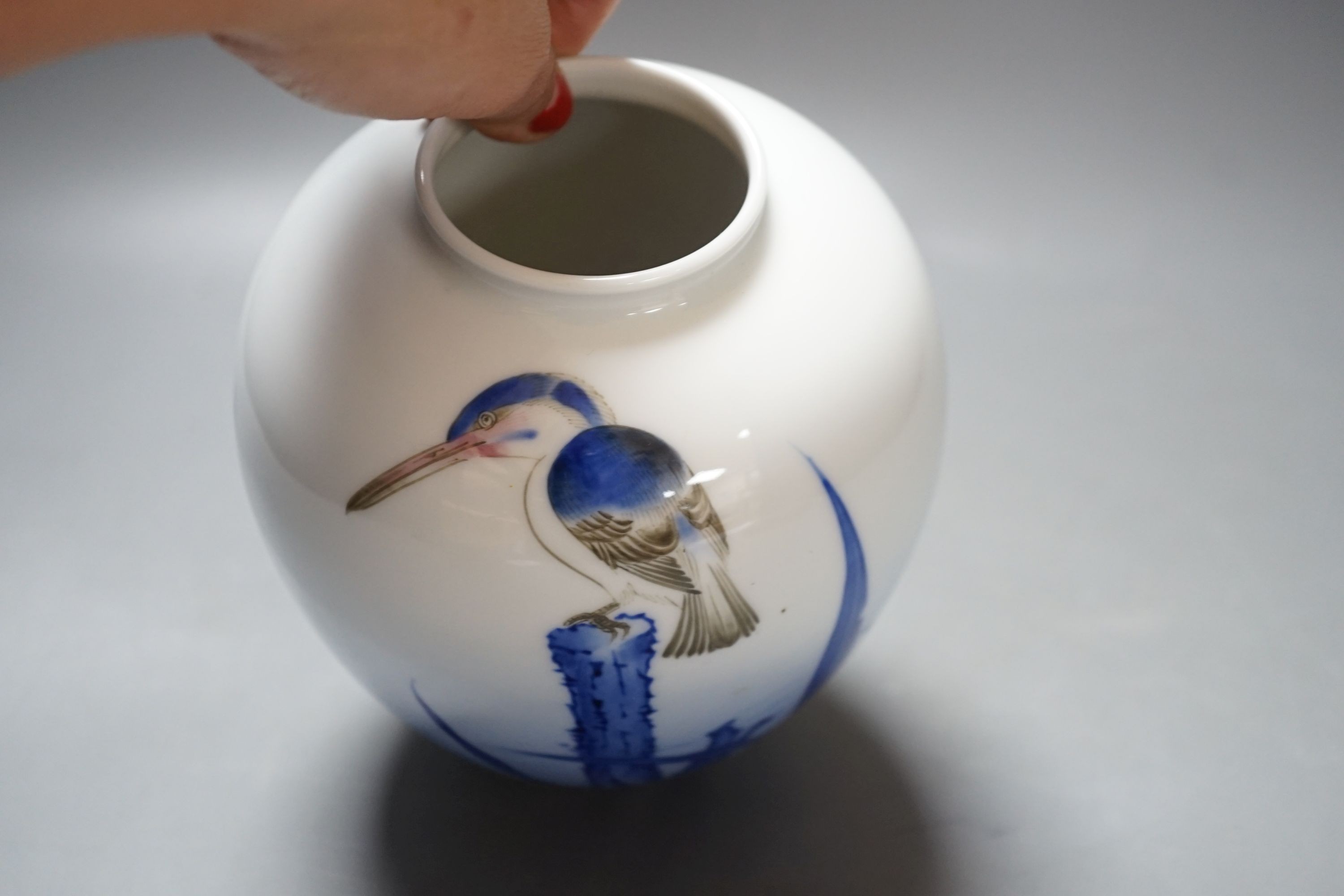 A Japanese underglaze blue, brown and red ‘kingfisher’ vase, by Fukugawa, koransha mark, 16 cms high.